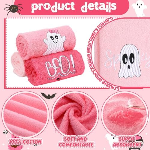 FuWeave 3 Pcs Pink Halloween Ghost Boo Hand Towels for Bathroom