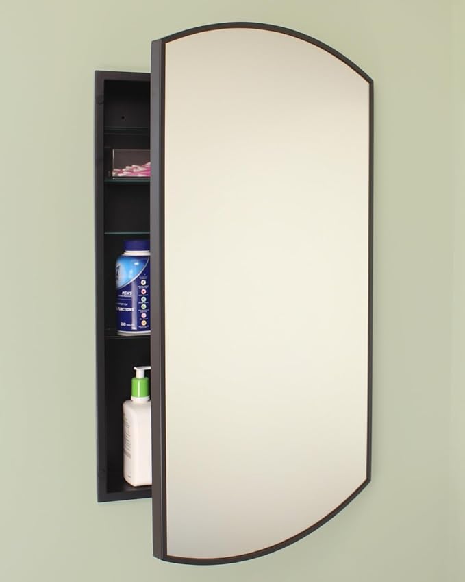 Fox Hollow Furnishings 20x30 Harper Crescent Metal Framed Rectangle Recessed Bathroom Medicine Cabinet, Arced Mirror, 14x18 in-Wall Opening, Adjustable Glass Shelves, Magnet Close, Black