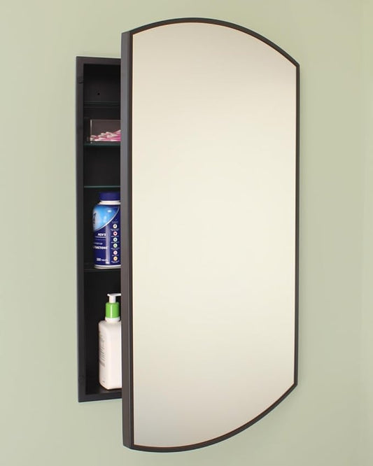Fox Hollow Furnishings 20x30 Harper Crescent Metal Framed Rectangle Recessed Bathroom Medicine Cabinet, Arced Mirror, 14x18 in-Wall Opening, Adjustable Glass Shelves, Magnet Close, Black