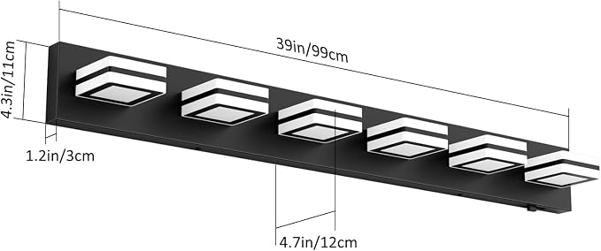 Ralbay 5 Color Temperature Black Bathroom Vanity Lights Fixtures Dimmable 40.4inch Acrylic Modern Matte Black Vanity Light for Bathroom 6 Lights