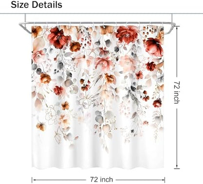 Autumn Fall Floral Red Burgundy Brown Bathroom Shower Curtain Set