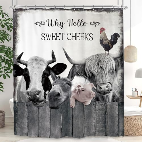 Farmhouse Animal Farm Funny Shower Curtain 60Wx72L Inch Bull Cow Pig Donkey Rustic Country Bathroom Set Accessories Decor Polyester Waterproof with 12 Pack Hooks
