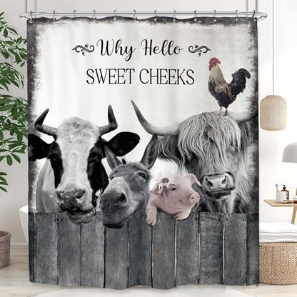 Farmhouse Animal Farm Funny Shower Curtain 60Wx72L Inch Bull Cow Pig Donkey Rustic Country Bathroom Set Accessories Decor Polyester Waterproof with 12 Pack Hooks