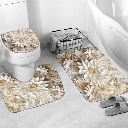 Chrainy 4pcs White Flowers Shower Cutain Bathroom Decor Sets with Rugs