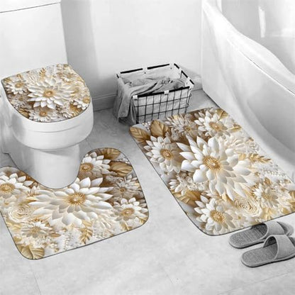 Chrainy 4pcs White Flowers Shower Cutain Bathroom Decor Sets with Rugs