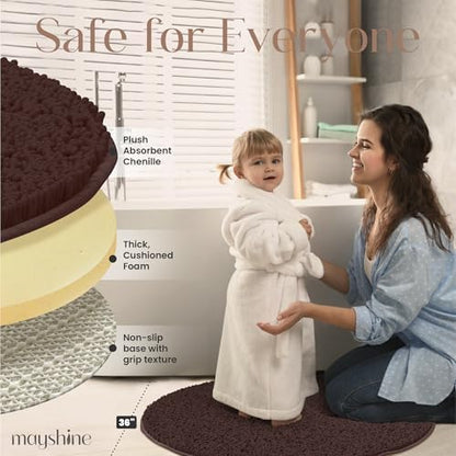 MAYSHINE Round Area Rug Set for Bathroom | Soft Plush Chenille Bath Mat, Water Absorbent Non-Slip Bathroom Rug | Washable Shag Carpet for Shower, Bedroom, or Home Décor | 36"x36" (Round) | Brown