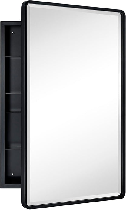 TEHOME Surface Mount 20x30'' Black Bathroom Medicine Cabinet with Mirror Matt Black Metal Framed Rounded Rectangle Medicine Cabinet with Beveled Mirror 4 Adjustable Glass Shelves