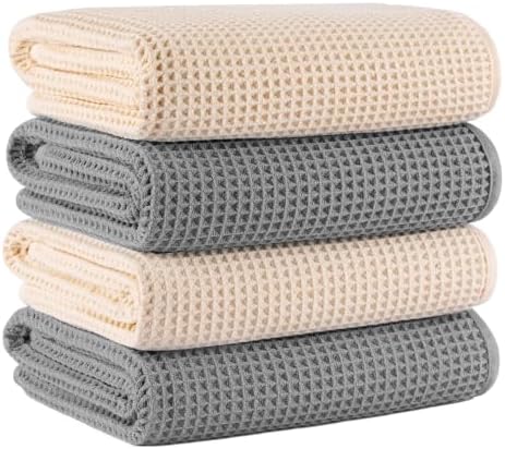 Microfiber Waffle Bath Towels, 4 Pieces, Soft, Absorbent, Fast Drying, Lint Free 430 GSM (27''x55''/68.58 cm x139.7 cm) (Gray+Champagne)