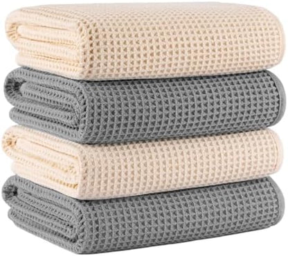 Microfiber Waffle Bath Towels, 4 Pieces, Soft, Absorbent, Fast Drying, Lint Free 430 GSM (27''x55''/68.58 cm x139.7 cm) (Gray+Champagne)