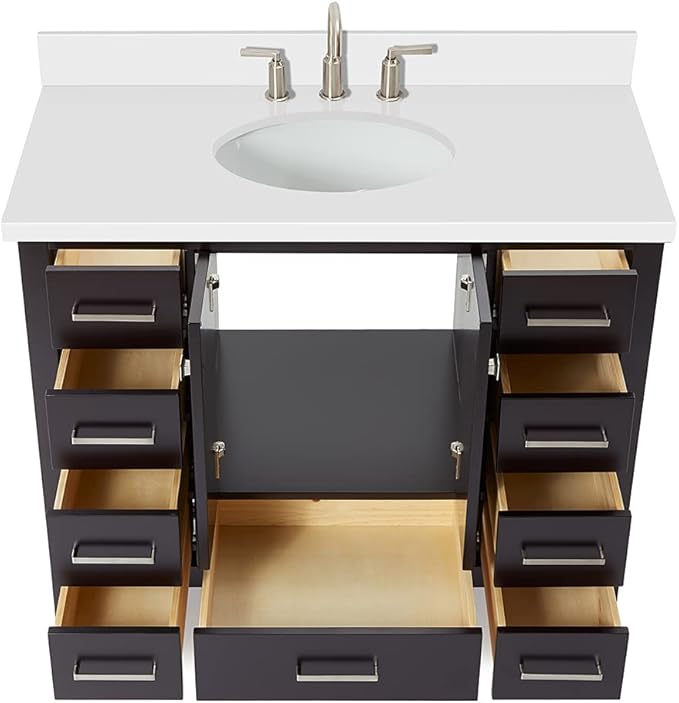 ARIEL Cambridge 42-inch Bathroom Vanity with Sink,Solid Wood, 1.5-inch Pure White Quartz Countertop & Backsplash, Single Oval Porcelain Sink, 2 Soft Closing Doors, 9 Dovetail Drawers, Espresso