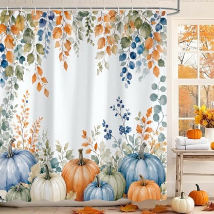 Fall Pumpkin Shower Curtain, Autumn Thanksgiving Harvest Floral Plant Leaves Farmhouse Bath Curtain Accessories, Waterproof Polyester Fabric Bathroom Curtain 72X72in