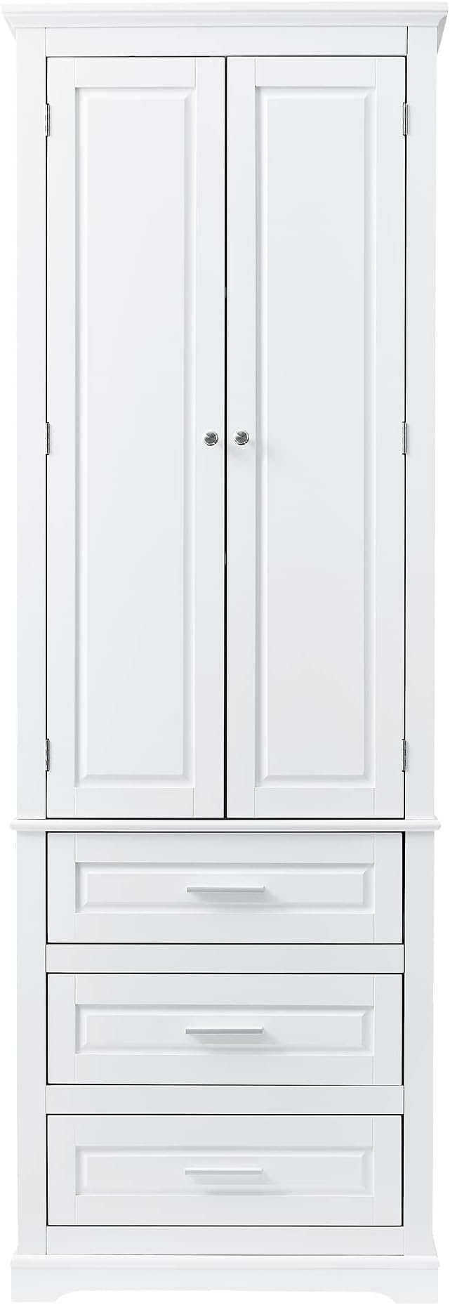 Merax 70" Pantry Cabinet with Two Doors & Three Drawer, Adjustable Shelves Storage Cupboard for Kitchen/Dining Room/Bathroom, White