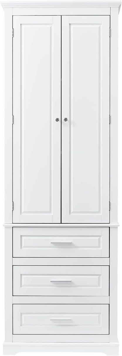 Merax 70" Pantry Cabinet with Two Doors & Three Drawer, Adjustable Shelves Storage Cupboard for Kitchen/Dining Room/Bathroom, White