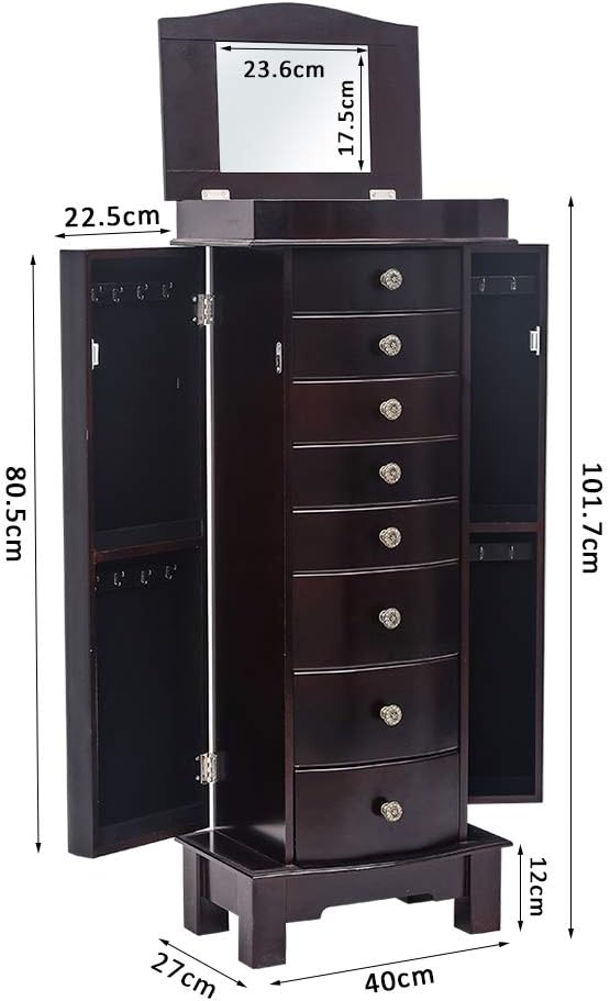 Standing Jewelry Armoire Cabinet Storage Chest with 8 Drawers, 2 Swing Doors, 16 Necklace Hooks, Makeup Mirror Storage Organizer, Large Standing Jewelry Armoire for Women(Brown)