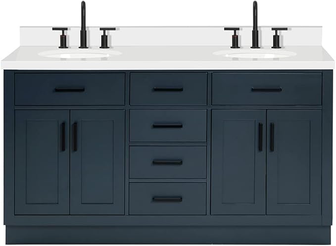 ARIEL Hepburn 60-inch Bathroom Vanity with Sink,Solid Wood, 1.5-inch Pure White Quartz Countertop & Backsplash, Double Oval Porcelain Sink, 4 Soft Closing Doors, 6 Dovetail Drawers, Midnight Blue