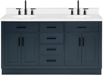 ARIEL Hepburn 60-inch Bathroom Vanity with Sink,Solid Wood, 1.5-inch Pure White Quartz Countertop & Backsplash, Double Oval Porcelain Sink, 4 Soft Closing Doors, 6 Dovetail Drawers, Midnight Blue