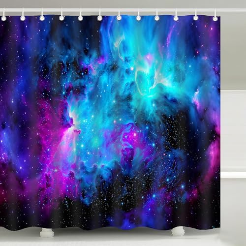 Galaxy Nebula Purple Turquoise Blue Shower Curtain with Hooks 72 x 72 Inch