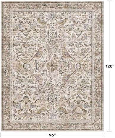 Vintage Moss Green 8x10 Washable Area Rugs for Living Room - Soft Floral Rug for Bedroom, Dining Room, Light Brown Taupe Low Pile Stain Resistant Bird Floral Bird Carpet
