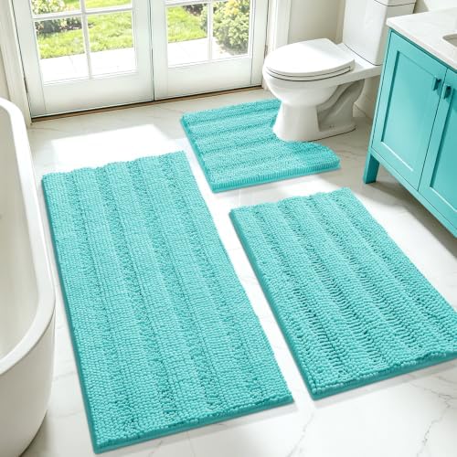 ACCUMTEK Striped Teal Green Bathroom Rug Set 3 Pieces Ultra Soft, Non Slip Chenille Toilet Mat, Absorbent Plush Shaggy Bath Mats for Bathroom, Bedroom, Kitchen, Turquoise