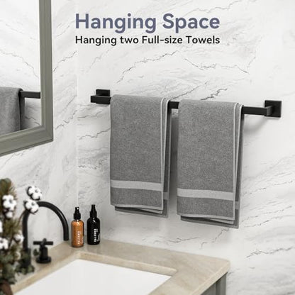24 Inch Matte Black Towel Bar, Square Base Bathroom Towel Rack, Towel Holder Wall Mounted, Thicken SUS304 Stainless Steel Towel Rod Modern Home Decor (Total Length 26-Inch)