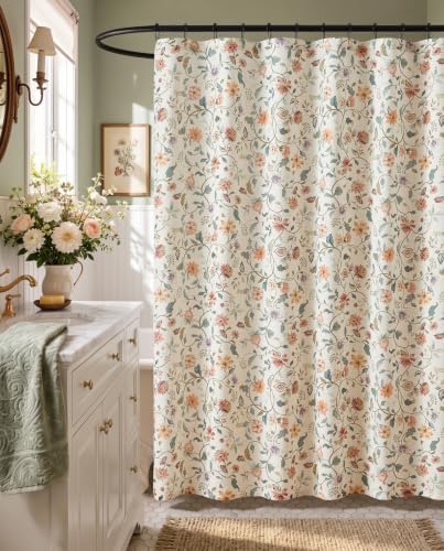 jinchan Linen Shower Curtain for Bathroom with 12 Hooks, Beige, 70x72