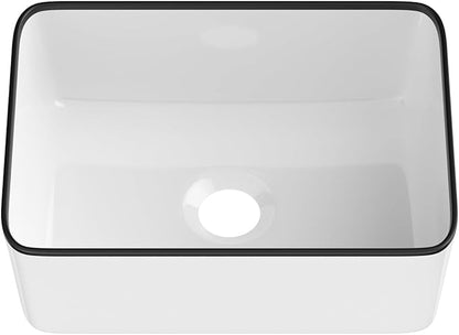 Lordear Vessel Sink Rectangle 16 Inch Bathroom Sink Rectangular Modern Above Counter Bathroom Sink White 16x12 Inch Porcelain Ceramic Vanity Sink with Black Trim Art Basin