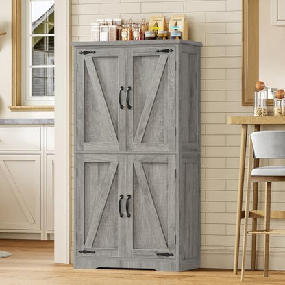 TEENFON Farmhouse Storage Cabinet with 2 Adjustable Shelves, Bathroom Cabinet with 4 Doors, Cupboard for Kitchen, Living Room, Rustic Gray