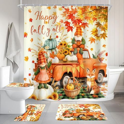 Autumn Fall Pumpkin Maple Leaves 4Pcs Bathroom Shower Curtain Set with Rugs