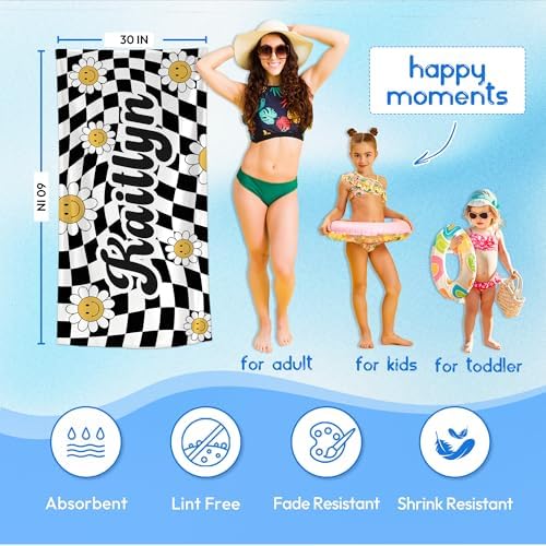 JML Personalized Beach Towel with Name, Custom Flower Beach Towel, Customized Microfiber Pool Towel, Quick Dry & Absorbent Swim Towel for Adult,Mother's Day, Birthday, Summer Holiday,Vacation