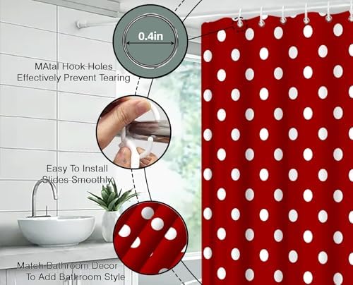 Polka Dot Shower Curtain Red White Retro Spot Vintage Fabric Decorative Bathroom Curtains with Hooks,70" Wx84 H