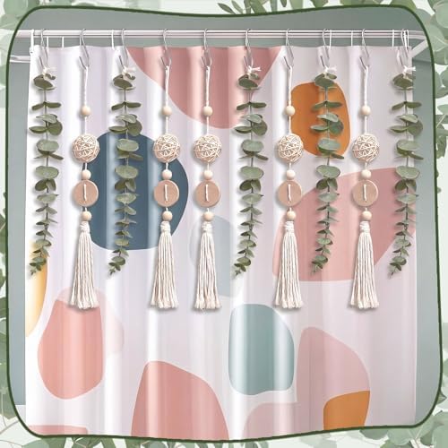Yinkin Set of 12 Boho Eucalyptus Shower Curtain Hooks Rings Rustic Farmhouse Decor Rustproof Metal Decorative Hanger Set for Home Bathroom Bedroom Baby Room Curtain Decor (Rattan)
