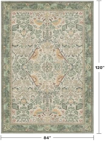 Hazo Haus Washable Living Room Rug 7x10 - Sage Floral Rugs for Bedroom, Vintage Bird Patterned Dining Room Kitchen Table Rug for Under Table, Stain Resistant Non-Slip