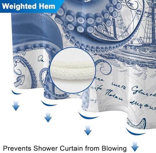 Ocean Theme Nautical Shower Curtain Set with 12 Hooks, Waterproof Bathroom Shower Curtain with Weighted Hem, Machine Washable Navy Blue Octopus Fabric Shower Curtains for Bathroom, 72"W x 72"L