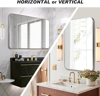 VooBang Bathroom Mirror 30x40 inch, Silver Gorgeous Deep Frame Wall Mirror, Modern Round Corner Bathroom Vanity Mirror for Bedroom, Living Room, Hanging or Leaning Horizontal or Vertical, Silver