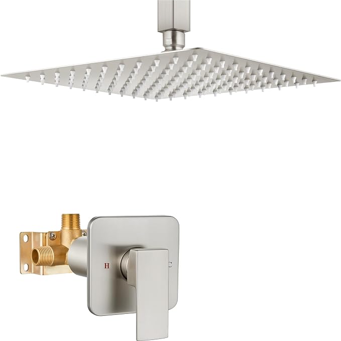 Heyalan 12-Inch Ceiling Mount Shower Faucet Set with Valve,Brushed Nickel | Rainfall shower head, ceiling-mount design, SUS304 steel, adjustable angle, single-handle control