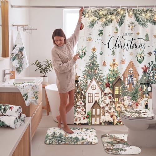 FuWeave 8Pcs Christmas Shower Curtain Set Farmhouse Rustic Bathroom Decor