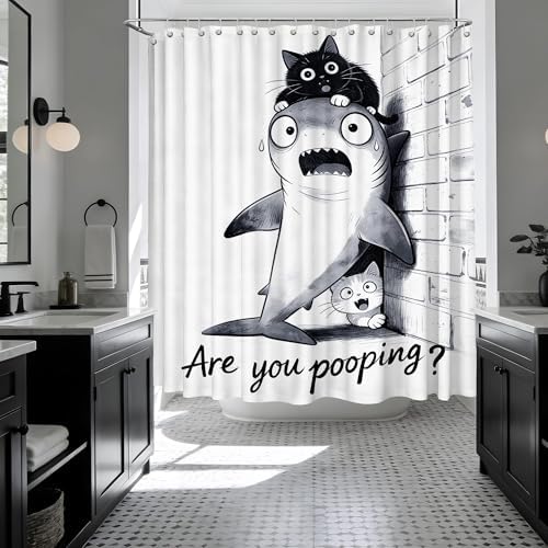 Extra Long Shower Curtain XL Black Cat Riding Shark, 108 x 72 in