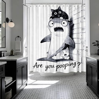 Extra Long Shower Curtain XL Black Cat Riding Shark, 108 x 72 in
