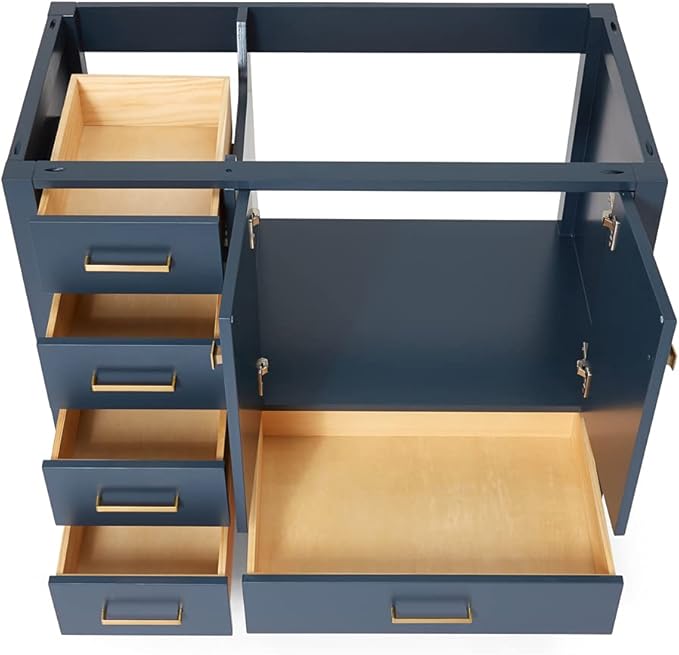 ARIEL Cambridge 42-inch Bathroom Vanity Base Cabinet,Solid Wood, 2 Soft Closing Doors, 5 Dovetail Drawers, Midnight Blue