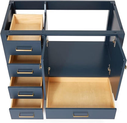 ARIEL Cambridge 42-inch Bathroom Vanity Base Cabinet,Solid Wood, 2 Soft Closing Doors, 5 Dovetail Drawers, Midnight Blue