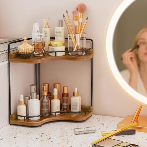 2-Tier Corner Bathroom Counter Organizer, Larger, Acacia Wood
