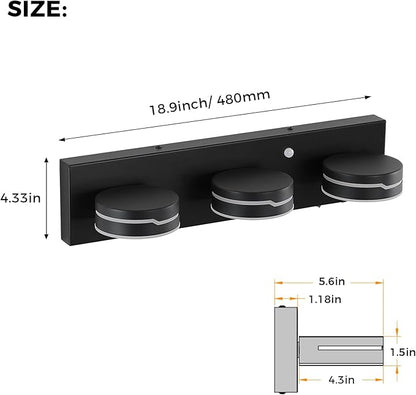 LED Modern Bathroom Lights Fixtures 3-Light Motion Sensor Vanity Light Matte Black Acrylic Wall Lighting,3CCT Vanity lamp for Bathroom Over Mirror with 350°Rotatable Acrylic Heads