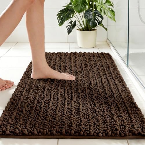 Disolla Brown Bath Mat 24x36 Inch - Luxury Chenille Bathroom Rug, Extra Soft Shaggy Plush Absorbent Mat, Non-Slip Washable Rug for Bathtub, Shower and Bedside