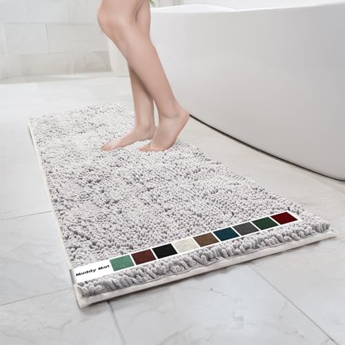 Muddy Mat® | Chenille Bathroom Rugs Quick Dry Microfiber Mats Non Slip Washable, Extra Thick, Soft and Highly Absorbent Bath Mats for Bathroom, Kitchen, and Shower Floor - White 24"x59"