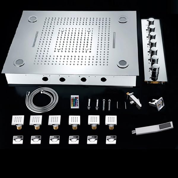 CASCADA 23"x31" LED Shower System with Handheld Shower | Luxurious 6 Functions (Rainfall, Waterfall, Curtain, Misty, Body Jets & Handheld) | 7 Knob Valve (Non Music, Polished Gold)