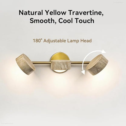 Led Bathroom Lighting Fixtures Over Mirror with 3 Travertine Shades,Vanity Lights Wall Lamp, 180° Rotatable Stone Lampshades Bathroom Lights, Modern Farmhouse Stone Sconces Gold