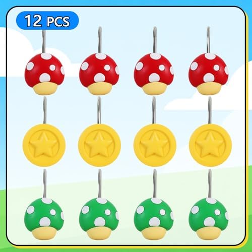 12-Piece Mushroom Coin Shower Curtain Hooks for Bathroom