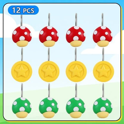 12-Piece Mushroom Coin Shower Curtain Hooks for Bathroom