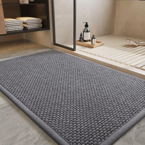 PADOOR-Bath Mat-Super Absorbent Chenille Bathroom Mats-Rubber Backed Bath Mats for Bathroom Non Slip, Easy Clean Bathroom Rugs Front of Bathtub,Shower Room,Sink-20×32, Grey&Darkgrey