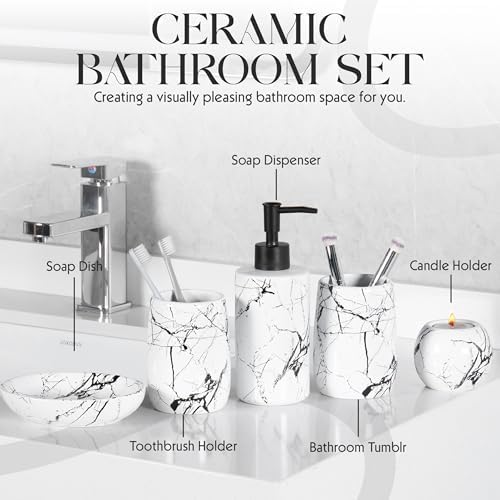 Ceramic Bathroom Accessory Set, 5-Piece Bathroom Accessory Set, Soap Dish, Toothbrush Holder, Soap Dispenser, Bathroom Tumbler & Candle Holder - Modern Bathroom Organizer, (White & Black)